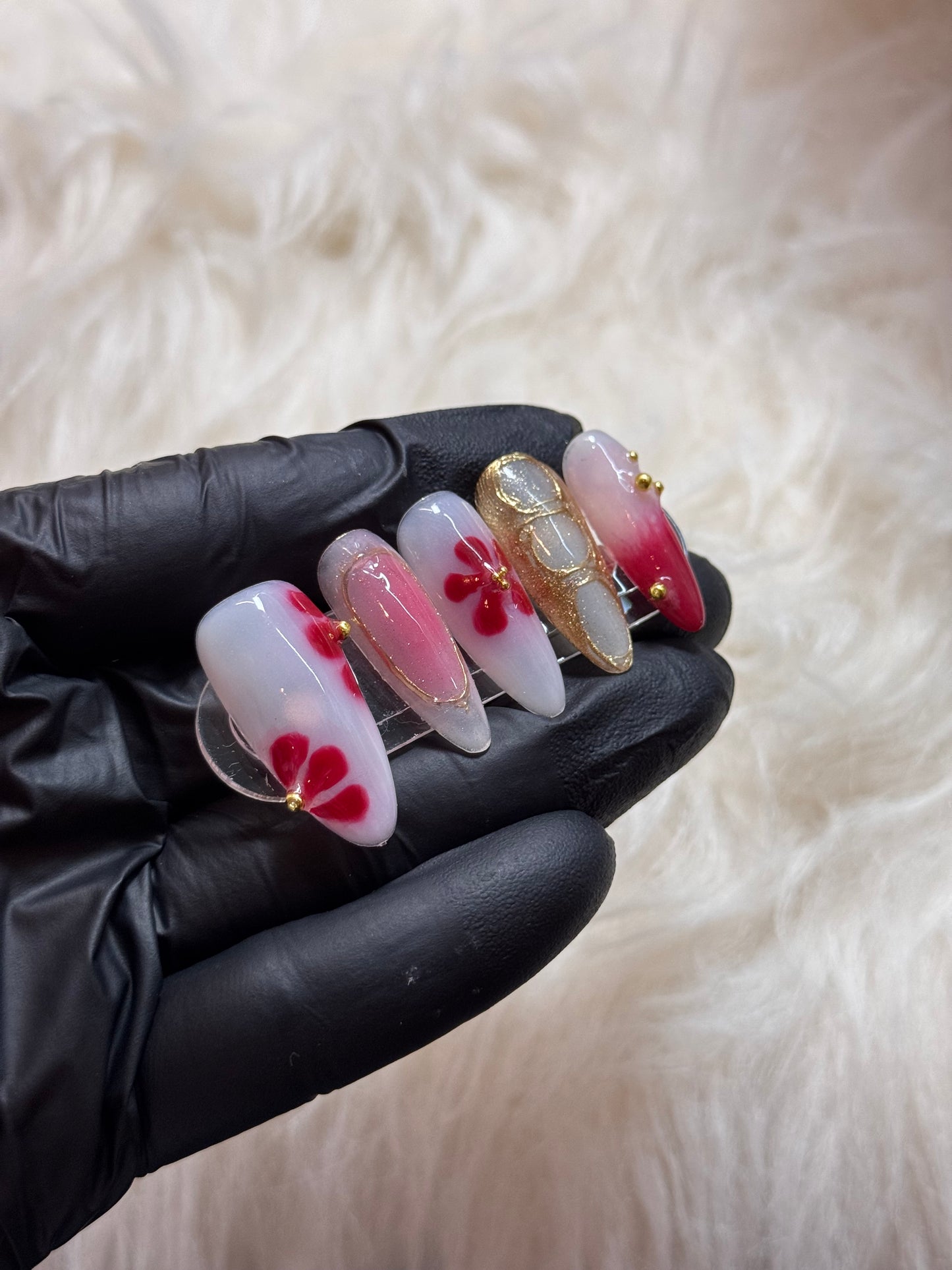 Red flower almond nails