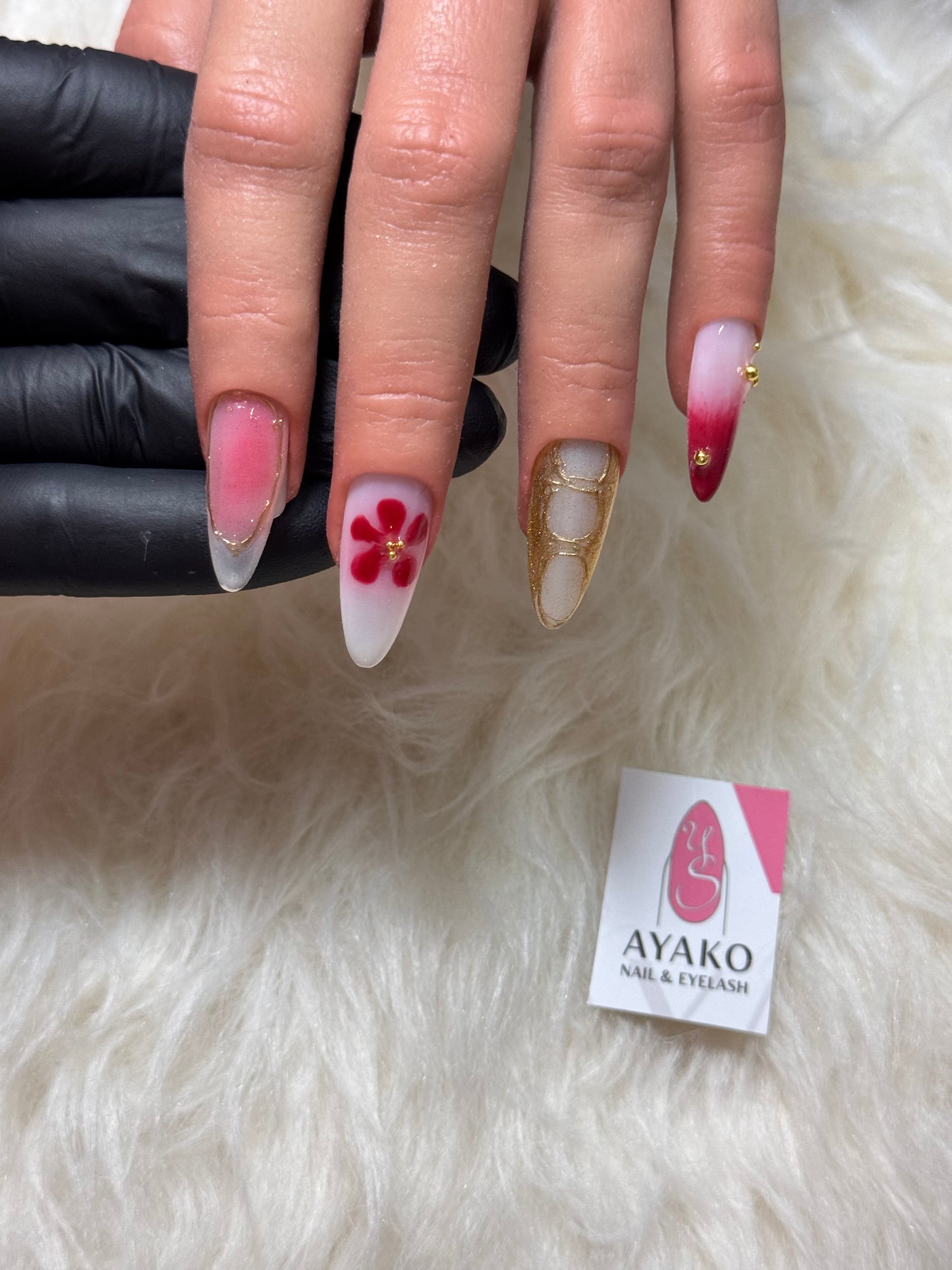 Red flower almond nails