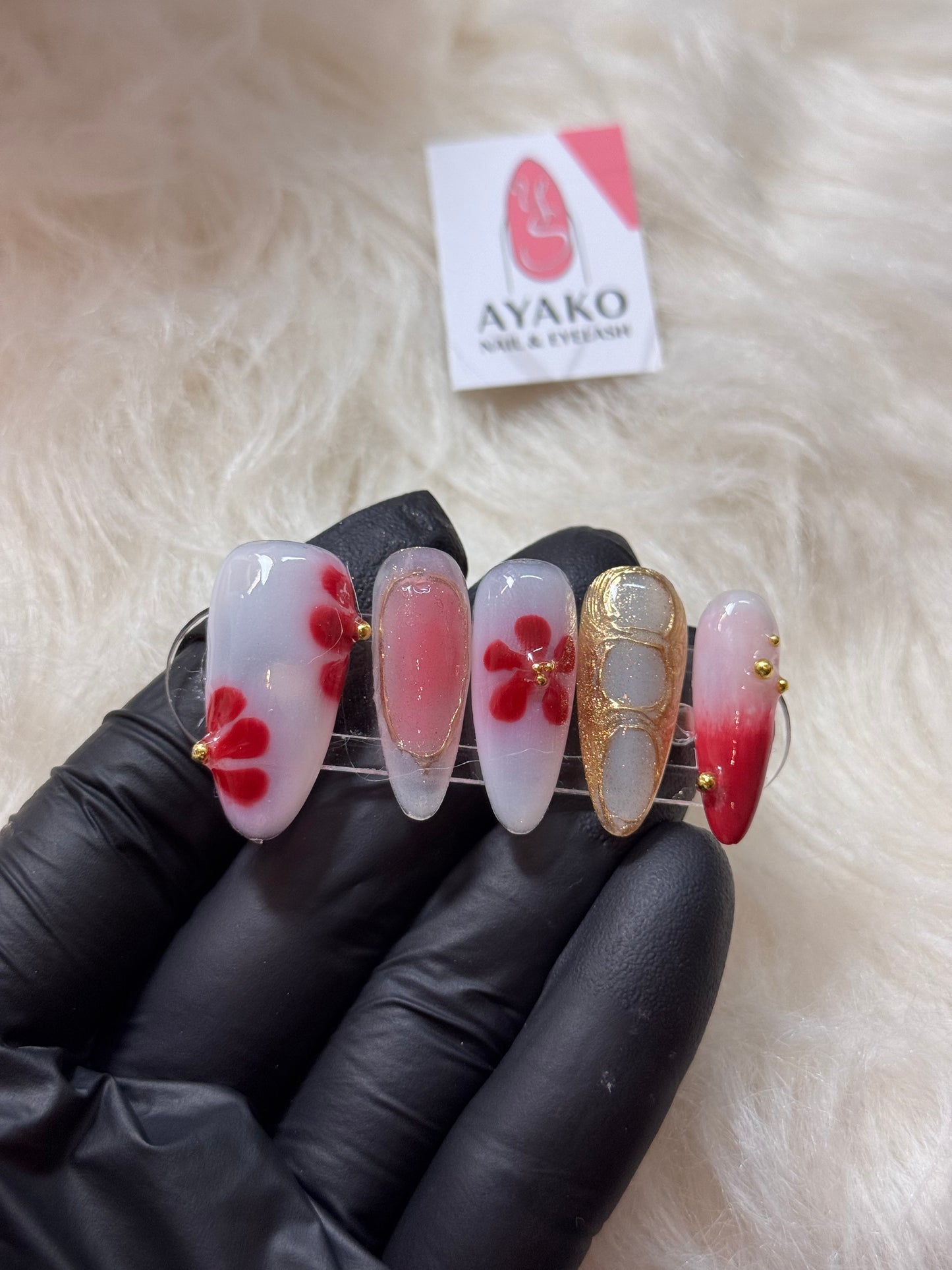Red flower almond nails