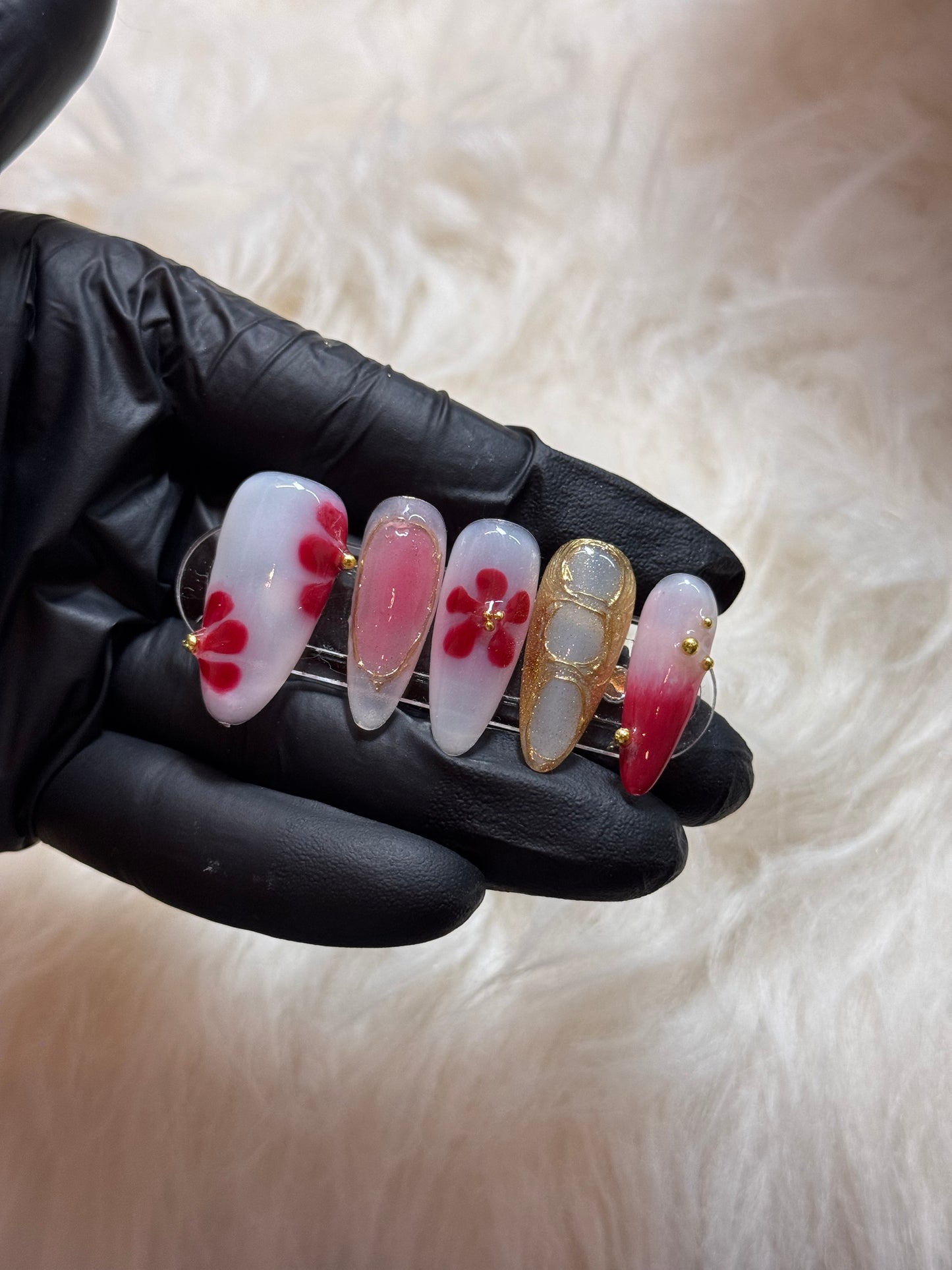 Red flower almond nails